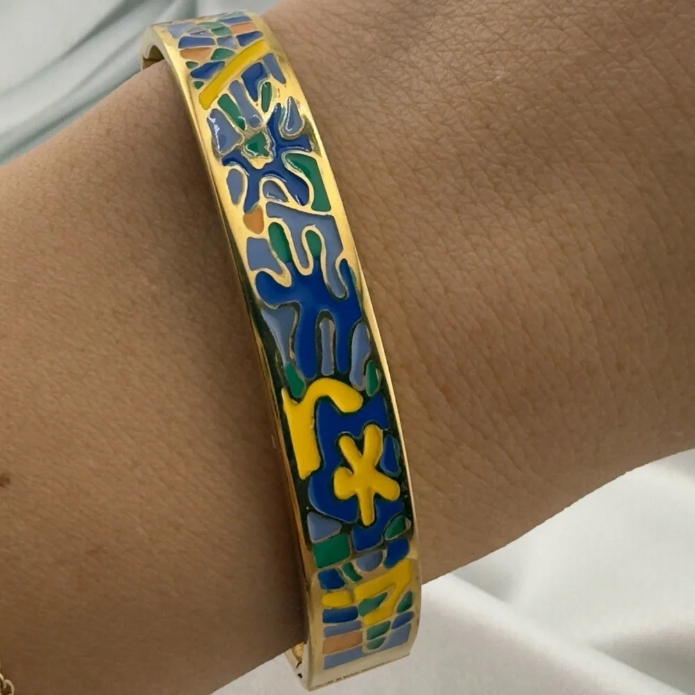 Colorful Anthropologie Gold Bracelet with Blue and Yellow Enamel